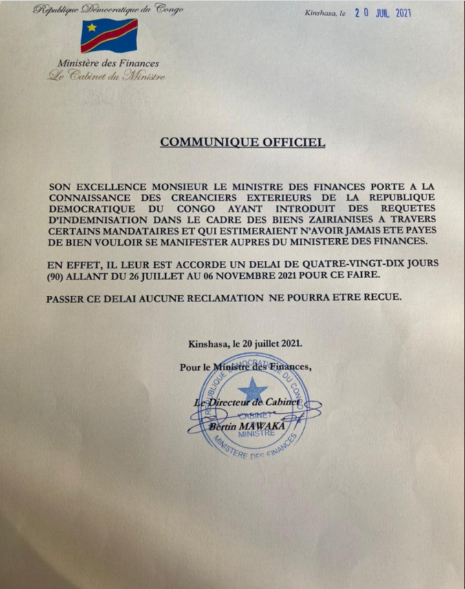 Communiqué du Ministère des Finances