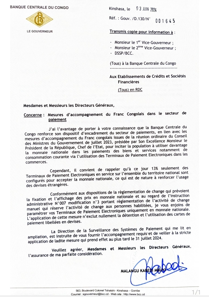 Communiqué de la Banque centrale du Congo 