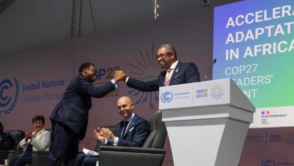 De gauche à droite : Le président de la BAD, Akinwumi Adesina, et le ministre britannique des Affaires étrangères, James Cleverly, à la COP27