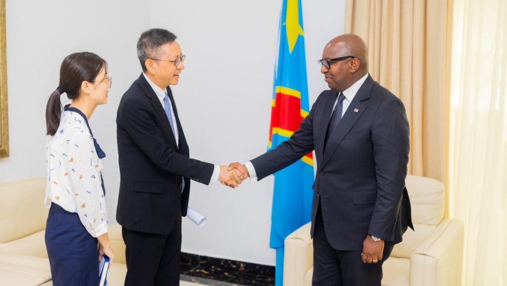 Poignée de main entre le Premier ministre Sama Lukonde et le PDG de China Jiangxi, Zhang Jian An