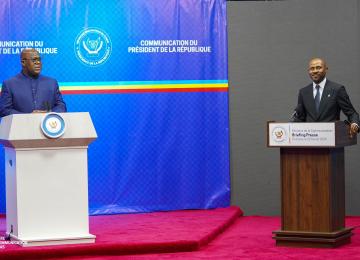 Le chef de l’Etat et le ministre Patrick Muyaya lors du briefing à la RTNC1