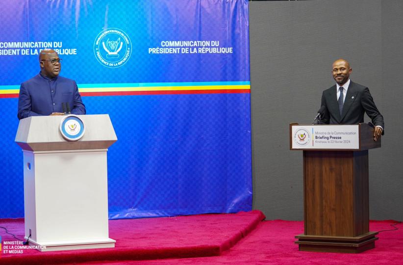 Le chef de l’Etat et le ministre Patrick Muyaya lors du briefing à la RTNC1
