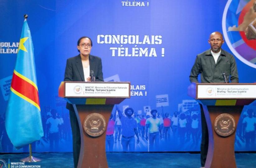 Raïssa Malu et Patrick Muyaya, lors d'un briefing de presse
